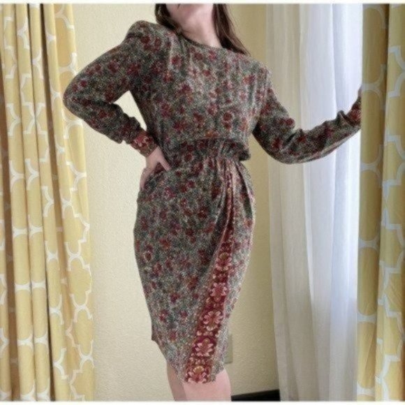 Vintage Dresses & Skirts - Gorgeous Vintage Liz Claiborne 100% Silk Floral Long Sleeve Midi Dress | Size 4